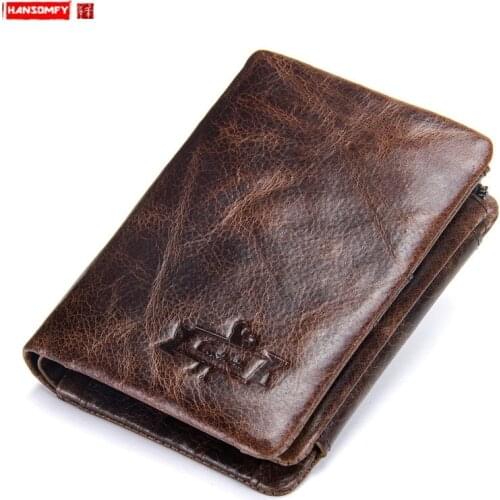 New Retro Crazy Horse Cowhide Mens Wallet, Soft Leather Men Small Purses Tri-fold Card Holder Short Wallets coin purse
