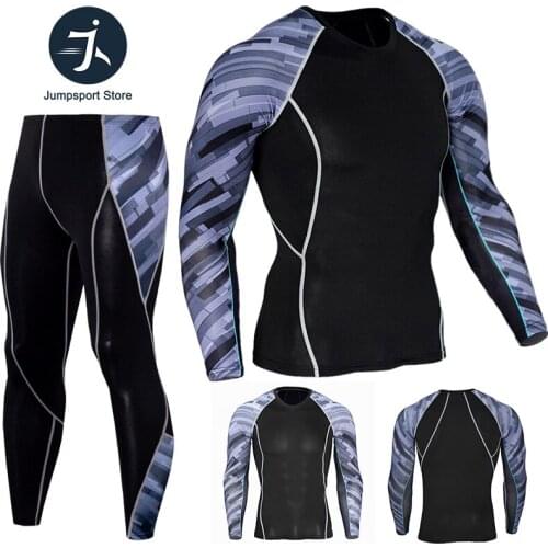 Mens Sport Running Set Compression T-Shirt + Pants Skin-Tight Long Sleeves Fitness Rashguard MMA Training Clothes Gym Yoga Suits