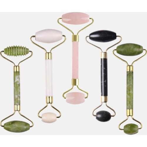 2 In 1 Green or Pink Roller and Gua Sha Tools Set By Natural Jade Scraper Massager with Stones for Face Neck Back and Jawline