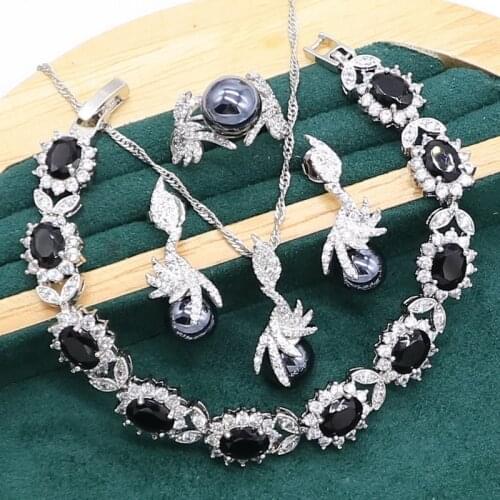 New Black Pearl 925 Silver Jewelry set for Women Earrings Necklace pendant Ring Zircon Bracelet