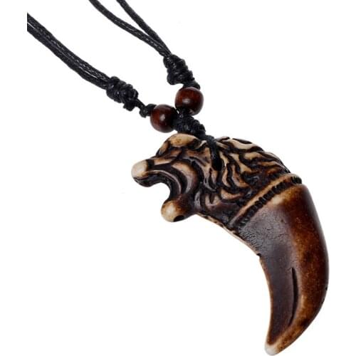 Punk Rock Men Pendant Necklace Spike Lion Charm Wolf Tooth Statement Women Long Leather Chain Adjustable Fashion Vintage Jewelry