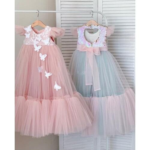 Real Picture Flower Girl Dress Tea Length Handmade Butterflies Tulle For Girl Clothes Floral Pink Wedding Gown Kid Size 1-14Y