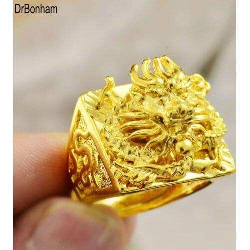 Luxurious large Engraving 3D Dragon Men wide 24K Gold filled Male big Finger Ring Party Wedding Fashion Jewelry