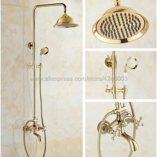 Luxury Gold Bathroom Rainfall Shower Faucet Set Mixer Tap With Hand Sprayer Wall Mounted Bath Shower Head Kgf453