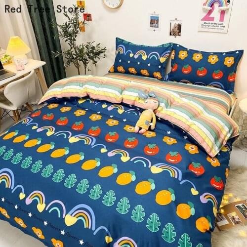 Cartoon Kids Adult Bedding Set with Rainbow Flower Printing Blue Duvet Cover 3-4pcs Single Twin Full Queen Pillowcase Sheet Sets