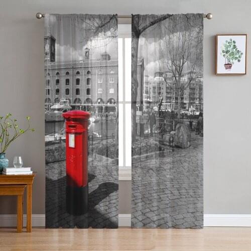 Red Mail Box Street Building Sheer Curtains for Living Room Bedroom Kitchen Chiffon Tulle Curtains Home Hotel Coffee Decor