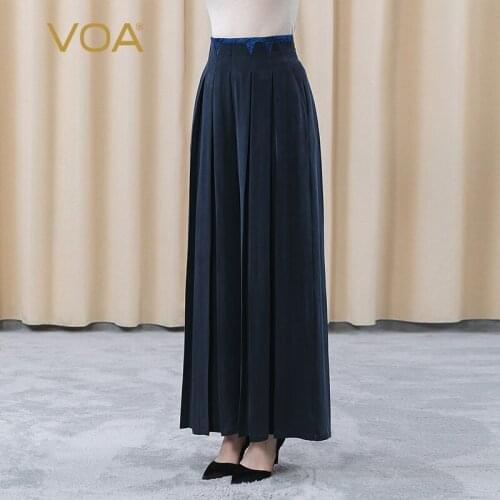 VOA 30m/m Heavy Silk Navy Blue Waist Yarn-dyed Jacquard Stitching Pendant Loose Breathable OL Joker Pants for Women KE278
