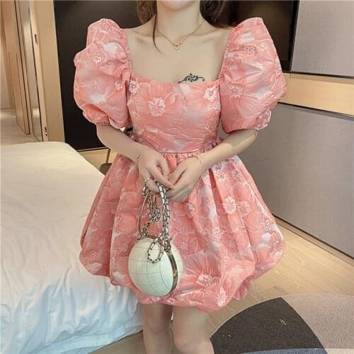 Japanese Cute Puff Sleeve Mini Lolita Dress Vintage Short Style Women Backless Floral Print Dress Girl Jacquard Party Vestidos