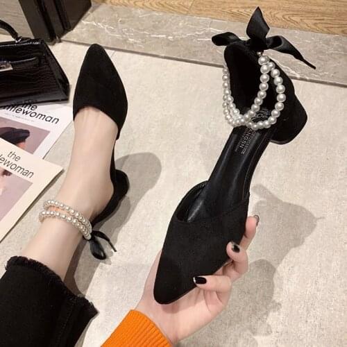 2021 Summer Spring Woman Sandals String Bead Ankle Strap Dress Shoes Pointed Toe Med Heel Ladies Shoes Pearl Zapatos mujer 8927L