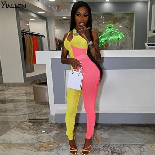 Yiallen Fashion Patchwork Women Tracksuit Fitness Sleeveless Bodysuits+Pants See Through Two Piece Matching Streetwear Outfits