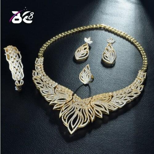 Be 8 AAA CZ Leaf Design Luxury Bridal Wedding Jewelry Sets Women 4pc Set Gold Color Bridal Jewelry Sets Parure Bijoux Femme S293