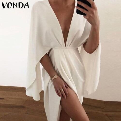 Women Summer Dress 2021 VONDA Sexy Deep V Neck Half Sleeve Office Dresses Bohemian Sundress Casual Vestido Femme Robe