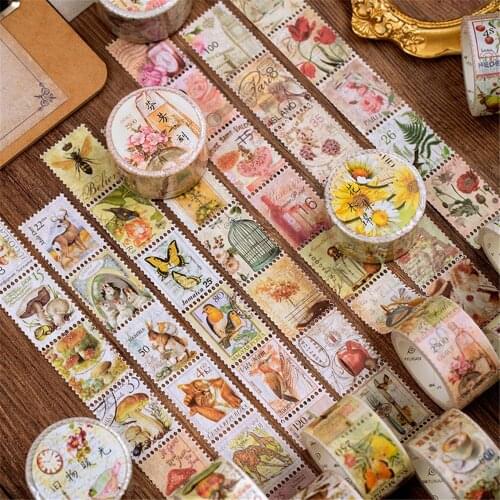 1pc Retro Stamp Collection Series and Paper Tape Plant Mushroom Hand Account DIY Diary Decoration Sticker Masking Tape