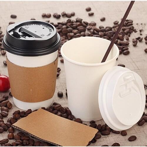 50pcs Thick disposable coffee milk tea hot drink paper cup takeaway packaging cups with lid and kraft paper cup sleeves