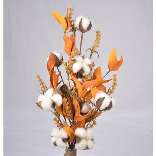 Free Shipping Hand Made Cotton Ball Stem Dried Flower Home Decor Artificial Flower With Colorful Leaves Wedding Decor