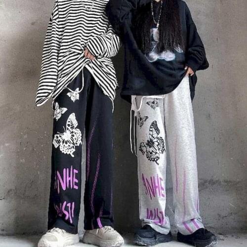 New casual pants women loose bf straight wide-leg pants autumn high street dark black butterfly printed pants casual wild loose