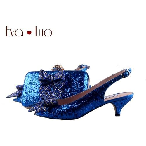 BS1125 Custom Made Royal Blue Glitter Shoes With Matching Bag Women Shoes Dress Pumps Low Heel Bridal Wedding Shoes