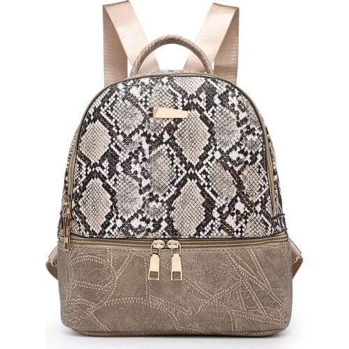 Summer Fashion Women Backpack Snake Pattern Leather Backpacks for Teenage Girls Female Khaki Shoulder Bag