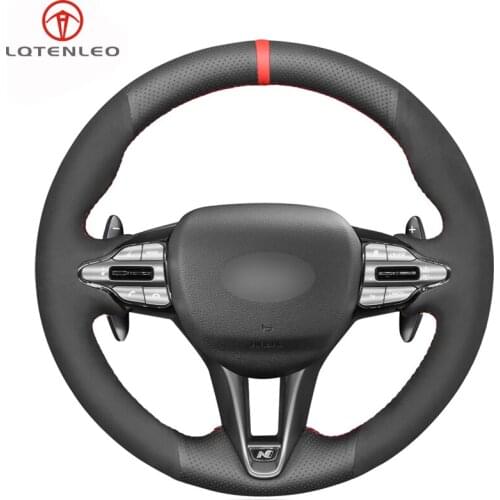 LQTENLEO Black Genuine Leather Suede Hand Car Steering Wheel Cover For Hyundai Veloster N 2019 2020 2021 i30 N 2018 2019 2020