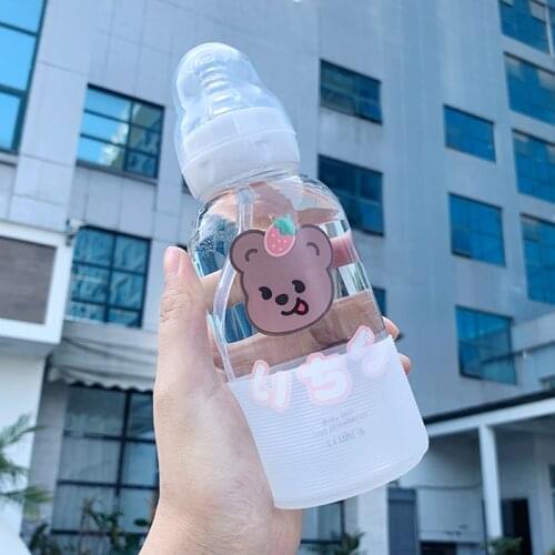 Cute girl glass Water bottle creative fashion bear pattern personality straw cup student couple portable water cup