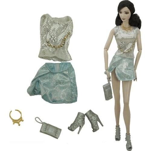 Fashion Sequin Doll Outfits For Barbie Clothes Silver Shirt Blue Skirt Boots Necklace Purse 1/6 BJD Clothes Dolls Accessory Toys