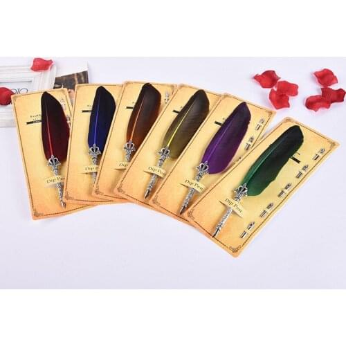 AP100 1 Set Turkey Feather Fountain Pen Quill Oblique Fountain Pen +5pcs Nib Metal for Fancy Font Office Gift Supplies