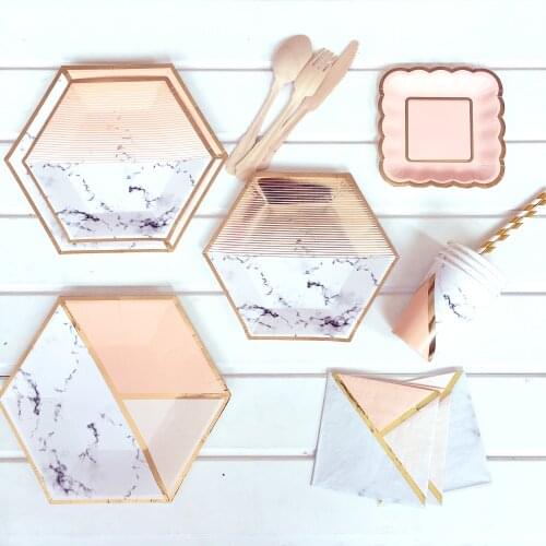 Foil Pink Striped Patchwork Paper Plates Cups Napkins Birthday Party Sets Eco-friendly Disposable Fiesta House Decor Supplies