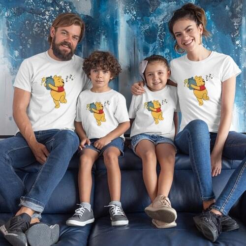 Family Matching Disney Clothes Cute Funny Pooh Bear Print Tops Tumblr Cartoon Dad Mom and Children T Shirt Brother Sister Shirt
