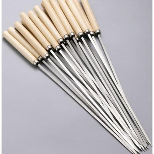 Wooden handle anti-scalding barbecue skewers can be reused 304 stainless steel metal barbecue skewers wide skewers