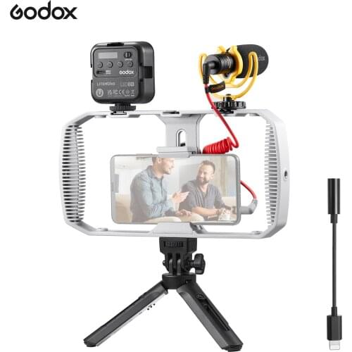 Godox VK1-AX Phone Vlog Smartphone Rig Video Cage+Mini RGB Video Light+Cardioid Microphone+Desktop Tripod for 3.5mm/type-C