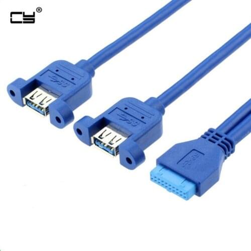 PC Computer Case Internal 19Pin Female to 2-Port USB 3.0 Type A Female Screw Lock Panel Mount Cable Blue 25cm/50cm