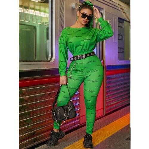 2021 Ins Internet Celebrity Famous Women Set 2Pcs Solid Color Longsleeve Letter Print