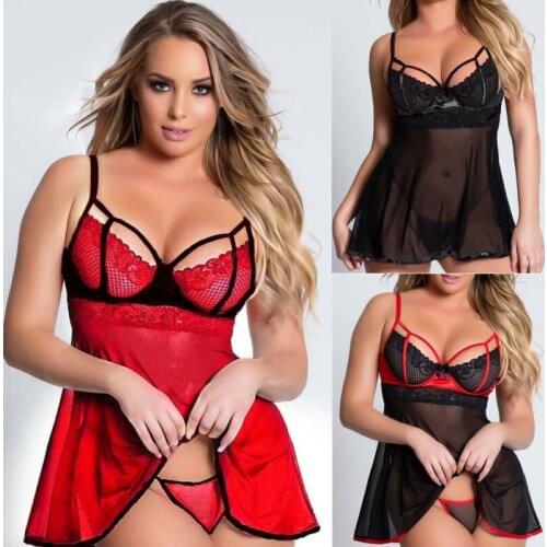 Womens Erotic Dress Set Lace Solid Color Backless Dress G-Sting Thong Lady Lingerie Set Underwear Temptation Sleepwear Plus Size