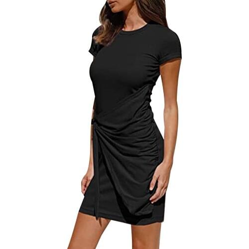 Women Office Lady Elegant Pleated Irregular Dress Short Sleeve Female Summer Round Neck Belt Bodycon Female Mini Dresses D30