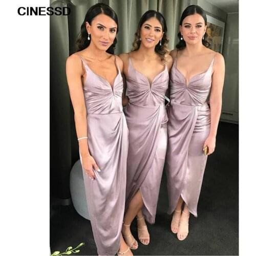 2021 Lilac Bridesmaid Dresses Spaghetti Straps V Neck Mermaid Ankle Length Wedding Party Dress Women Gowns vestidos Custom Made