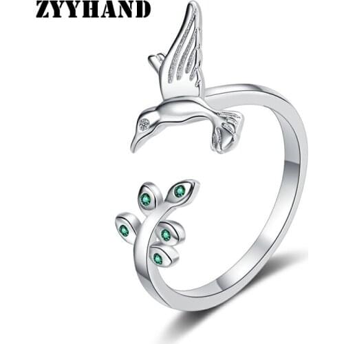 Olive Branch Pigeon Women Adjustable Ring Girl AAA Zircon Free Size Rizeable Birds Romantic Platinum-Plated Finger Jewellery