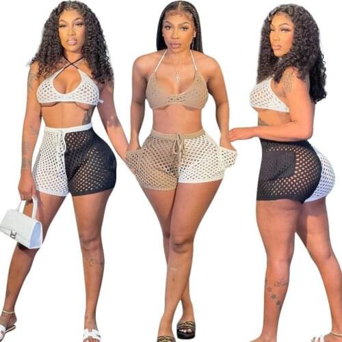 ZKYZWX Patchwork Mesh Sheer Two Piece Club Outfits Off Shoulder Crop Top Biker Shorts Beachwear Swimsuit Sexy Club Matching Sets