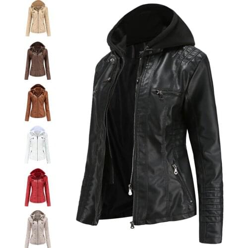 2021 Hooded Leather Jacket Leather Autumn Coat PU Leather Woman Two-piece Detachable Large Size Sleeve Style Sleeve Length(cm)