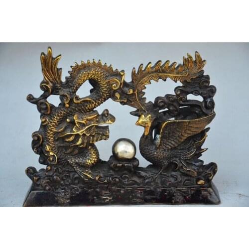 30 cm * / CHINESE PURE COPPER HANDWORK DRAGON PHOENIX STATUES