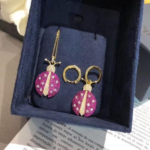 Asymmetry Cute Purple Crystal Ladybug Pendant Earrings & Necklace For Women Girls Adorable Insect Ladybug Pendant Jewelry sets