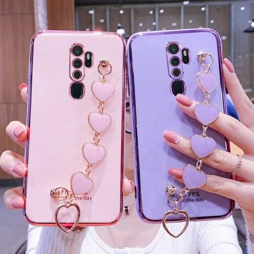 Luxury Heart Bracelet Case For OPPO A5 A9 A53 2020 A15 A52 A54 A72 A74 A93 A94 F11 F17 Pro Realme 7 7i 8 C15 C17 C21 XT X7 X7Pro