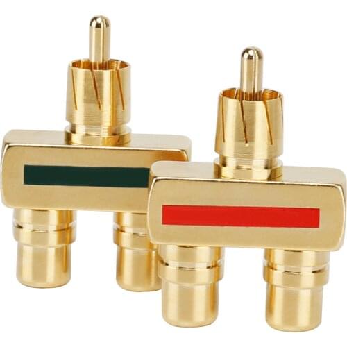 For 2pcs Monster Binary RCA Audio Conversion Joint RCA 3 Interfaces Gold Copper-Plated Lotus 1 Male to 2 Female Transfer Adapter