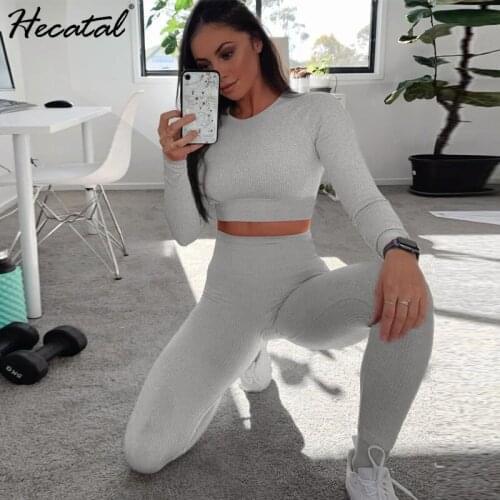 HECATAL Solid Color Gym Clothing Yoga Sets Women Long Sleeve Sportswear Fitness Sports Suit Yoga Sets Conjunto Deportiva Mujer