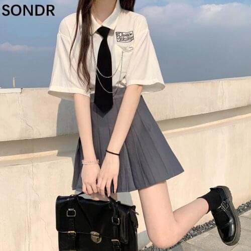 Summer Girly Two Piece Set Jk Short Sleeve White Shirt Grey Pleated Skirt Suit Women Sweet Cute College Style Jk Uniform 2021