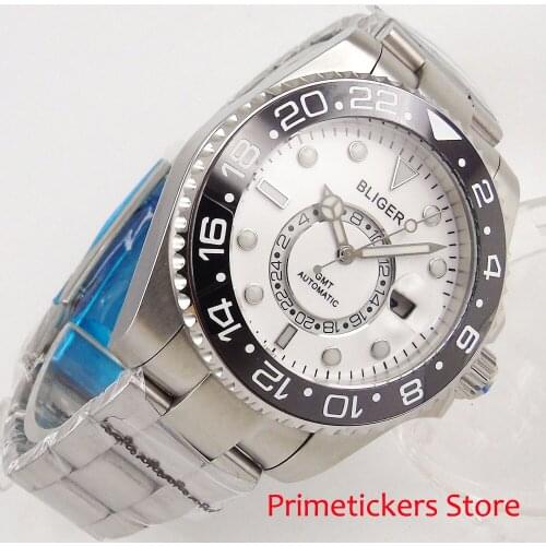 White dial black ceramic bezel 43mm BLIGER GMT luminous marks sapphire crystal automatic movement mens watch