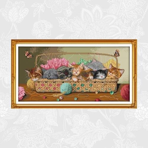 Eight kittens in a basket Patterns Aida Fabric Cross Stitch kits,Embroidery Needlework Sets, Handmade Crafts Home Decoration