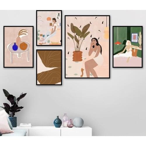 Nordic Style Home Decor Abstract Watercolor Plant Girl Wall Art Pictures Painting Fashion Canvas Poster For Living Room