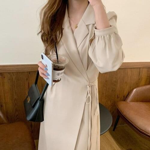 New 2021Autumn French Vintage Turn-Down Collar One-Piece Side Lace-Up Waist Slim Long-Sleeved Dress Office Ladies Casual Dresses