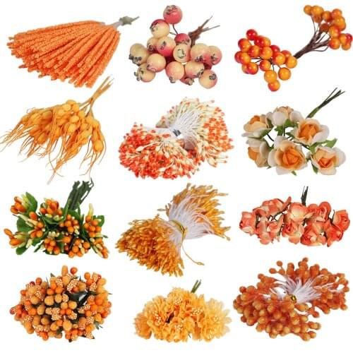 Orange Flower Cherry Stamen Berries Bundle DIY Christmas Wedding Party Home Cake Gift Box Wreaths Decor