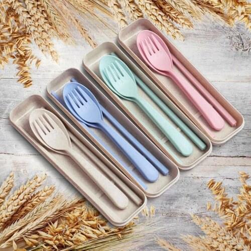 Portable Travel Wheat Straw Tableware Cutlery Set With Dinnerware Case Fork Spoon Chopsticks Cutlery Set LX8060
